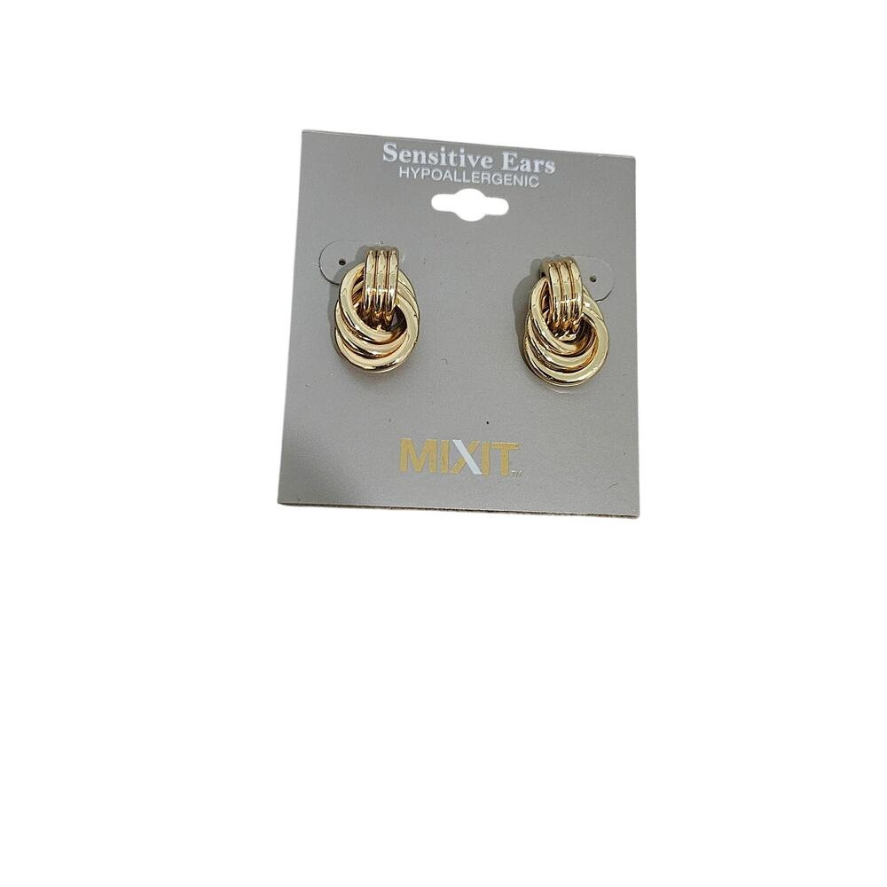 Mixit Gold Tone Triple Knot Door Knocker Stud Earrings Hypoallergenic NWT